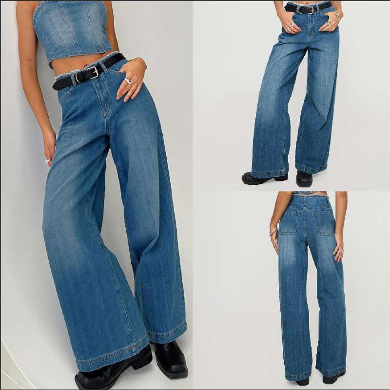 Damen hochgeschnittene Weitbein-Jeans mit rohem Bund, extra weitem Bein und Fünf-Taschen-Schnitt Nord Taschen