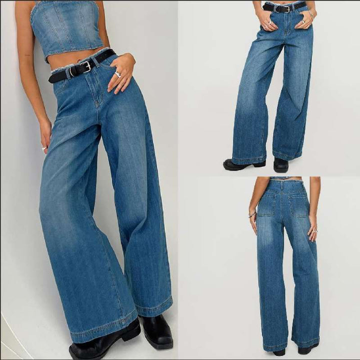 Damen hochgeschnittene Weitbein-Jeans mit rohem Bund, extra weitem Bein und Fünf-Taschen-Schnitt Nord Taschen