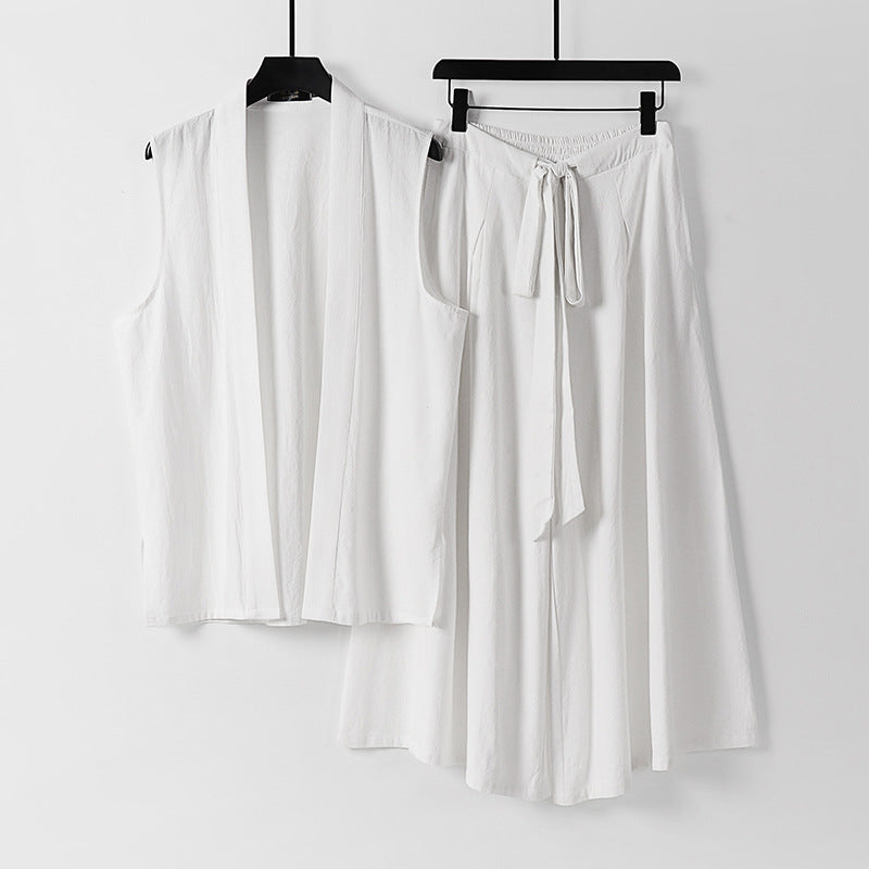 Damen Ärmellose Kimono-Weste und Hochtaillierte Culotte-Hose mit Bindegürtel Nord Taschen