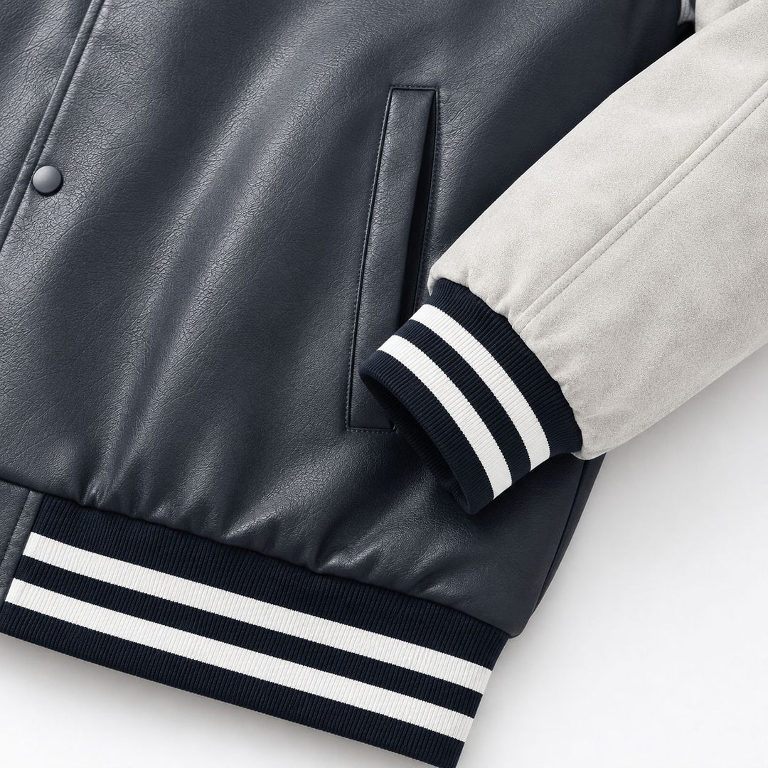 Herren Varsity-Bomberjacke im Retro-College-Stil mit Kunstlederkörper und Kontrastärmeln Nord Taschen