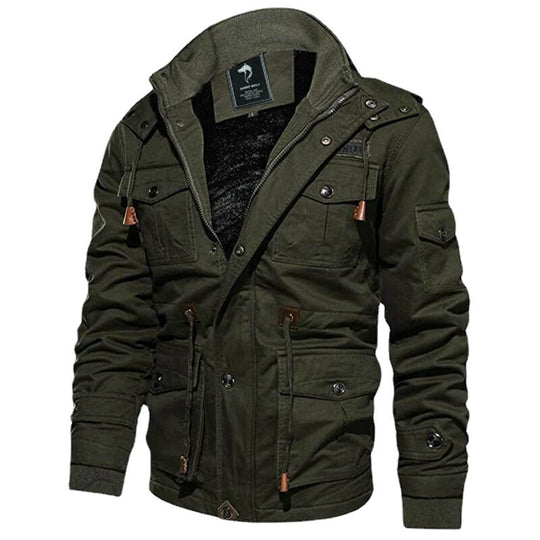 Herren Militärinspirierte Canvas-Fieldjacke mit Kapuze, Kordzug‑Taille und Fleece‑Innenfutter Nord Taschen