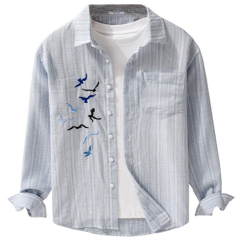 Herren Leichtes gestreiftes Overshirt aus Leinen-Baumwollmix mit Vogelstickerei Nord Taschen