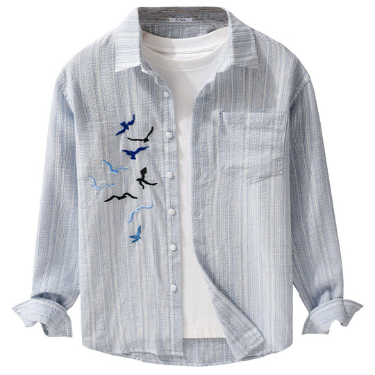 Herren Leichtes gestreiftes Overshirt aus Leinen-Baumwollmix mit Vogelstickerei Nord Taschen