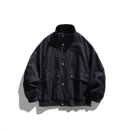 Unisex Boxy Jeansblousonjacke mit Stehkragen, Druckknopffront und elastischem Saum Nord Taschen