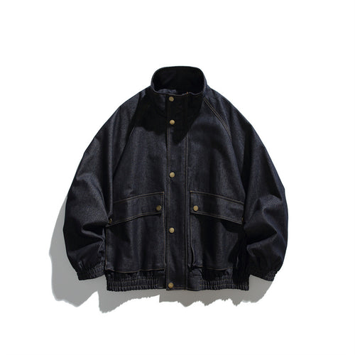 Unisex Boxy Jeansblousonjacke mit Stehkragen, Druckknopffront und elastischem Saum Nord Taschen