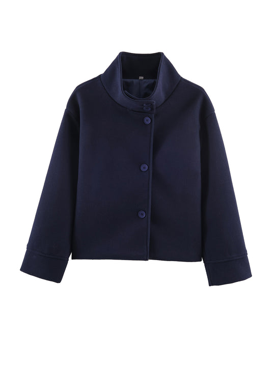 Damen Kurze Boxy-Wollmix-Jacke mit Stehkragen und aufgesetzten Pattentaschen Nord Taschen