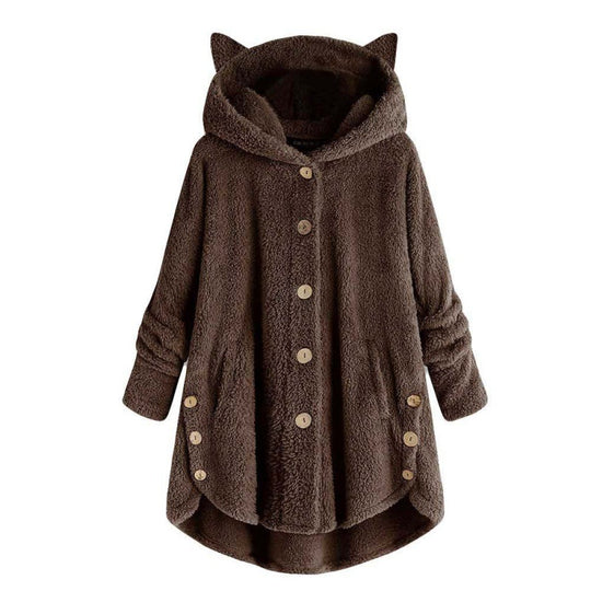 Damen Kapuzen-Teddy-Mantel mit Katzenohren, Knopfleiste und asymmetrischem Saum Nord Taschen