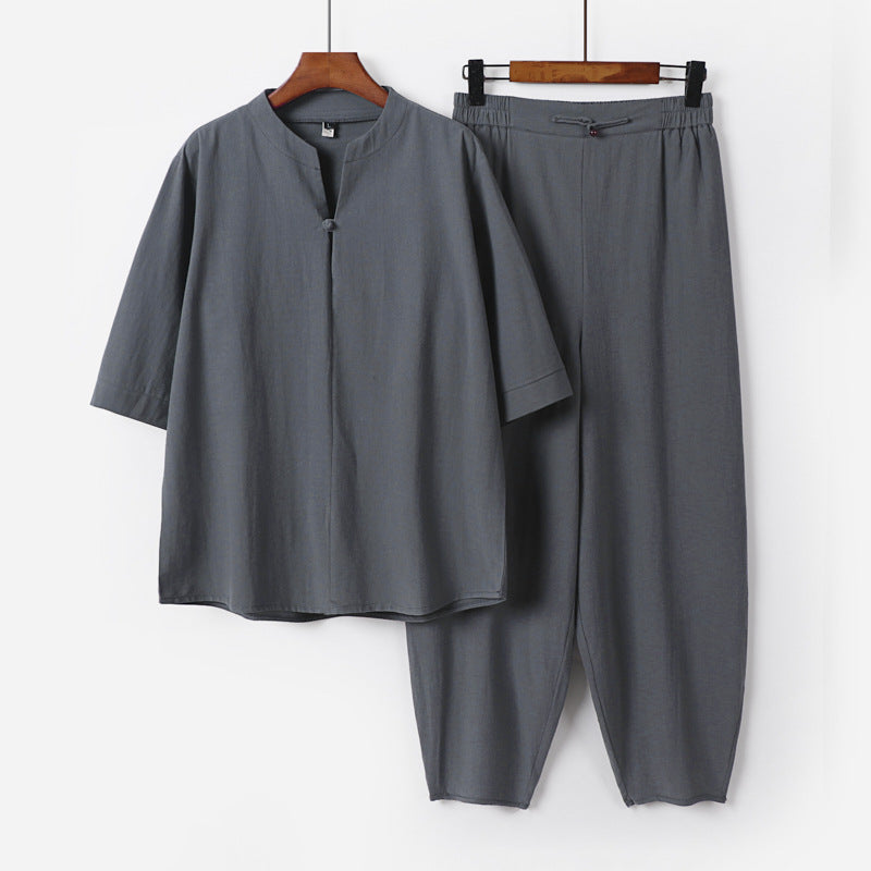 Herren Zweiteiliges Leichtes Leinen-Baumwoll-Set mit Mandarin-Kragen und elastischer Bundhose Nord Taschen