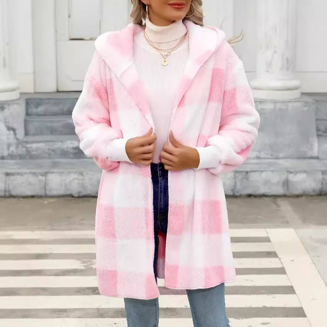 Damen Oversize Karierter Teddy-Mantel mit Kapuze und Eingrifftaschen Nord Taschen