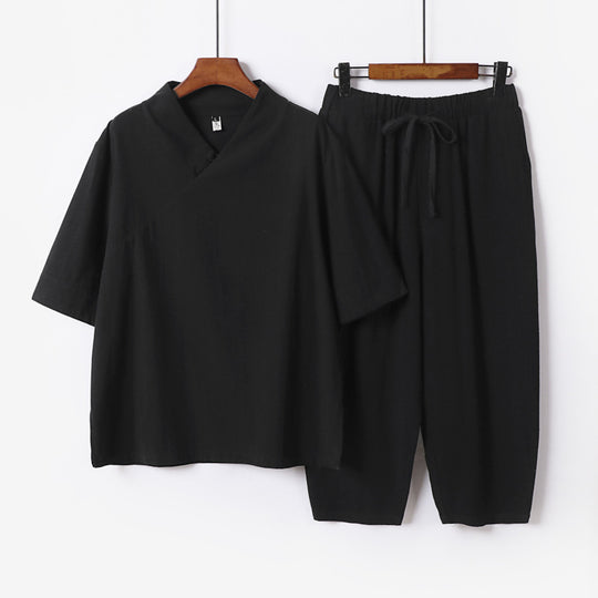 Herren Atmungsaktives Leinen-Baumwoll Lounge-Set mit asymmetrischem V-Kragen und elastischer Kordelhose Nord Taschen