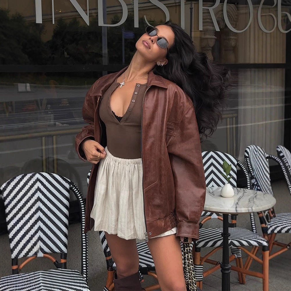 Damen Oversize-Lederimitatjacke im Bikerstil mit Hemdkragen und Reißverschluss Nord Taschen