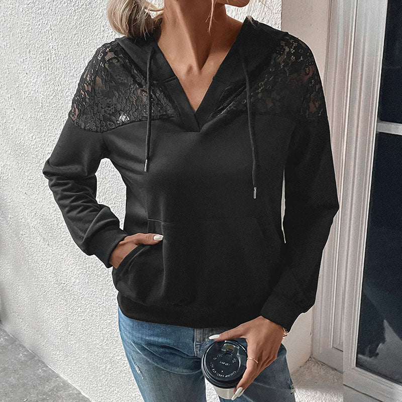 Damen Kapuzenpullover mit Spitzen‑Einsatz und V‑Ausschnitt Nord Taschen