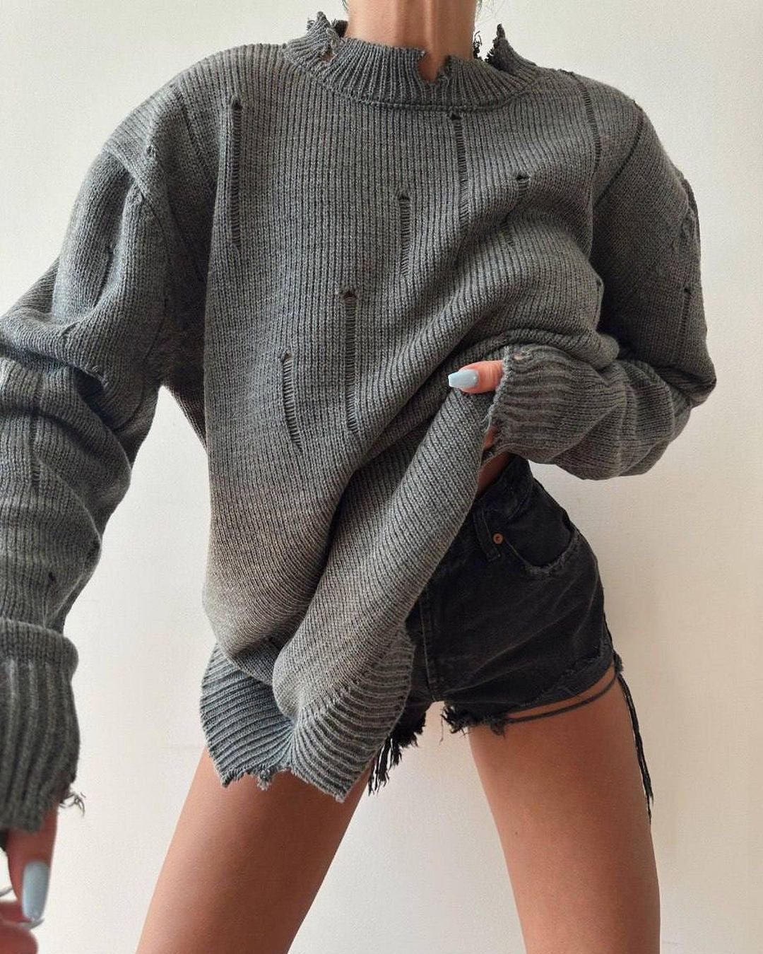 Damen Oversized Grobstrickpullover mit Distressed-Details und geripptem Saum Nord Taschen