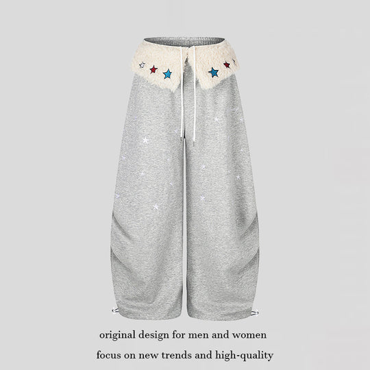 Damen Extraweite Palazzo-Jogginghose mit Teddybund, Kordelzug und Sternstickerei Nord Taschen