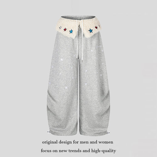 Damen Extraweite Palazzo-Jogginghose mit Teddybund, Kordelzug und Sternstickerei Nord Taschen
