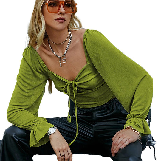 Damen gerafftes Crop-Top mit Herz-Bustier, Knoten-Detail und voluminösen Trompetenärmeln Nord Taschen