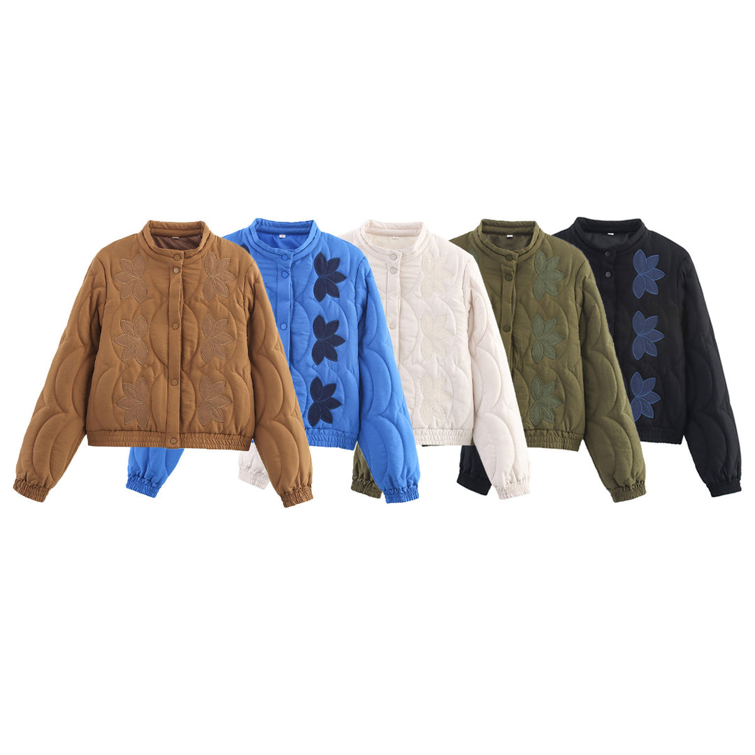Damen Kurz geschnittene Steppjacke mit floralen Applikationen und elastischem Saum Nord Taschen