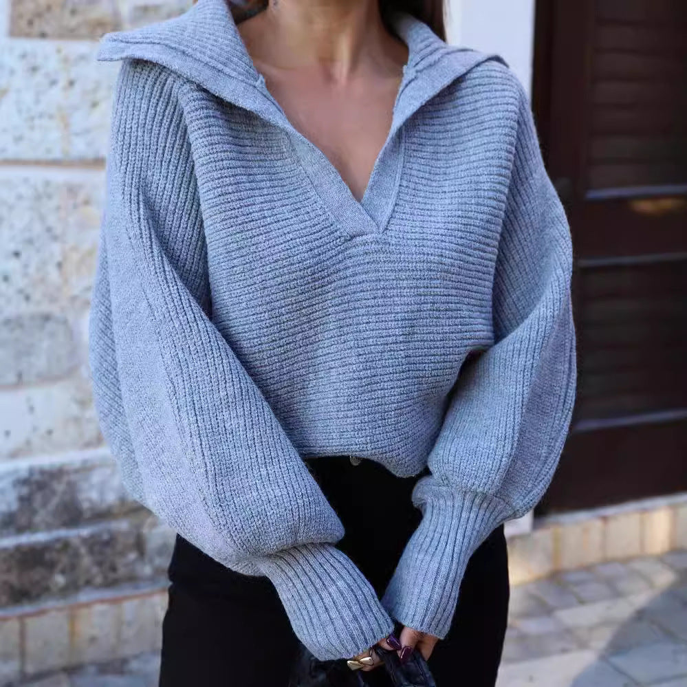 Damen Oversize Rippsweater mit Reverskragen und tiefem V‑Ausschnitt Nord Taschen
