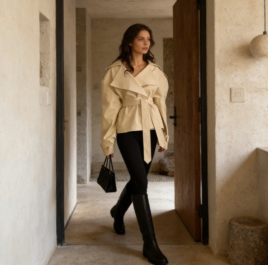 Damen Cropped-Trenchjacke mit doppelter Knopfleiste, Taillengürtel und Schulterriegeln Nord Taschen