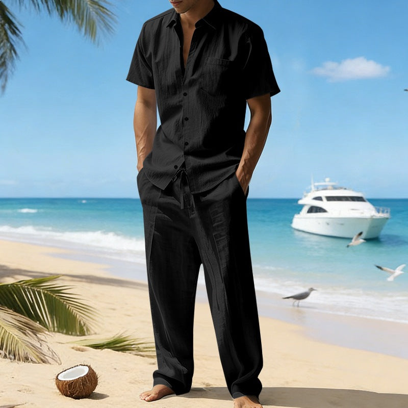 Herren nan resort-taugliches Kurzarm-Hemd mit Brusttasche und lässiger Leinen-Kordelhose