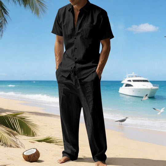 Herren nan resort-taugliches Kurzarm-Hemd mit Brusttasche und lässiger Leinen-Kordelhose