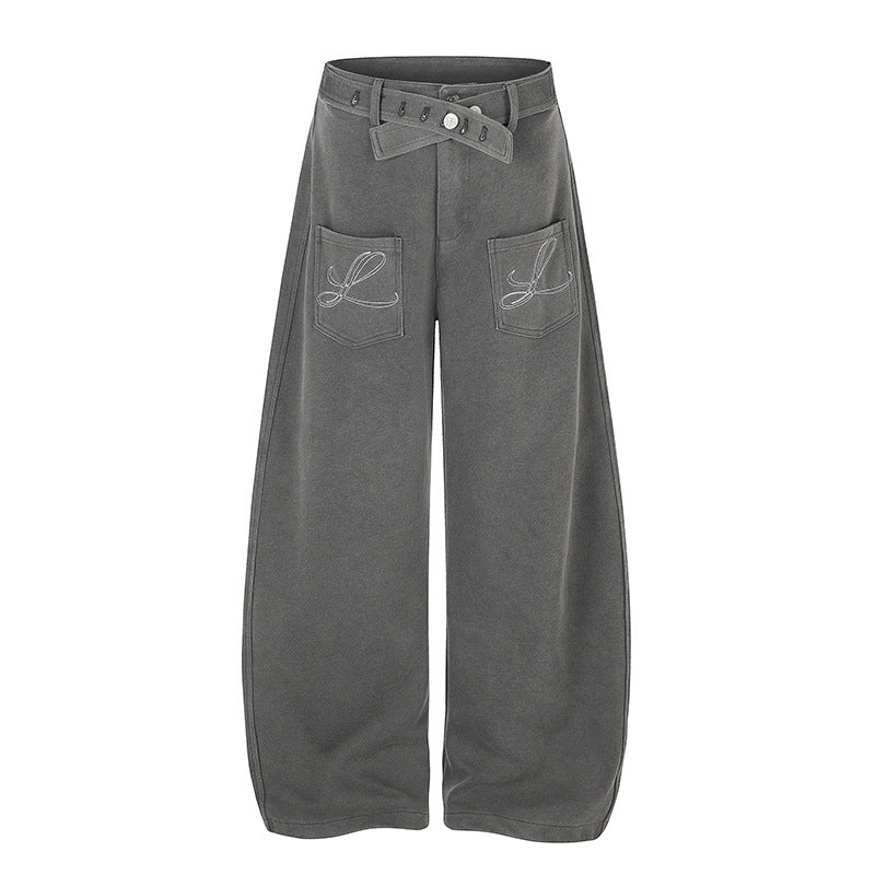 Damen Weite High‑Waist Palazzo-Jogginghose mit aufgesetzten Taschen, Zierstickerei und verstellbarem Gürtel Nord Taschen