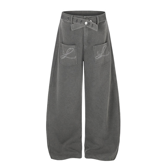 Damen Weite High‑Waist Palazzo-Jogginghose mit aufgesetzten Taschen, Zierstickerei und verstellbarem Gürtel Nord Taschen