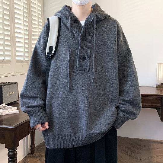 Unisex Oversize Strick-Hoodie mit Halbknopfblende und Rippbündchen Nord Taschen