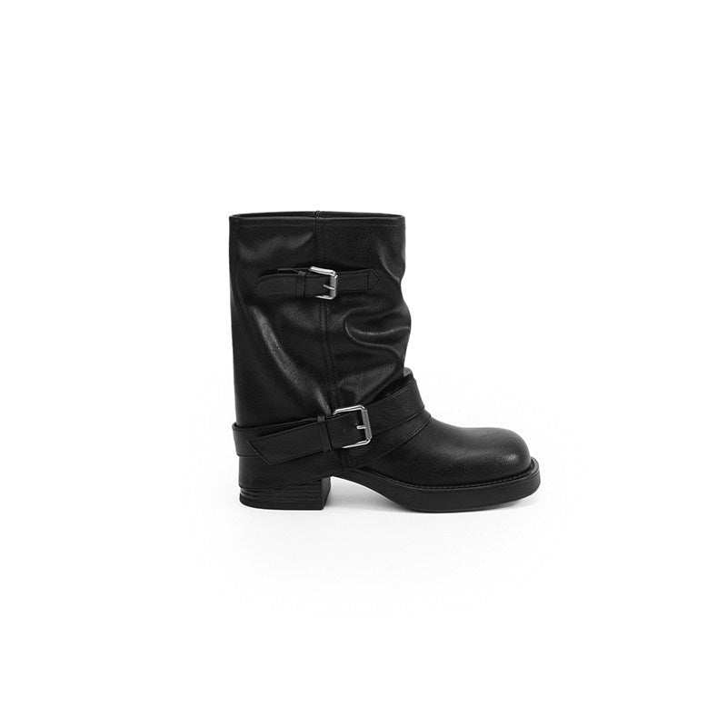 Damen Wadenhohe Bikerstiefel aus Glattleder mit Doppelschnallen und gerafftem Schaft Nord Taschen