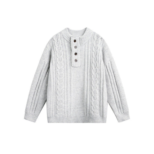 Damen Grobgestrickter Zopf‑Strickpullover mit Henley‑Knopfleiste und Stehkragen Nord Taschen