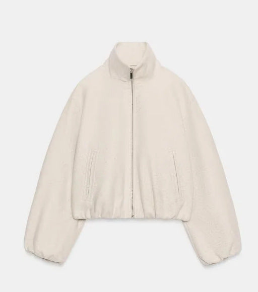 Damen Kurz geschnittene Bouclé‑Blousonjacke mit Stehkragen, elastischem Saum und Ballonärmeln Nord Taschen