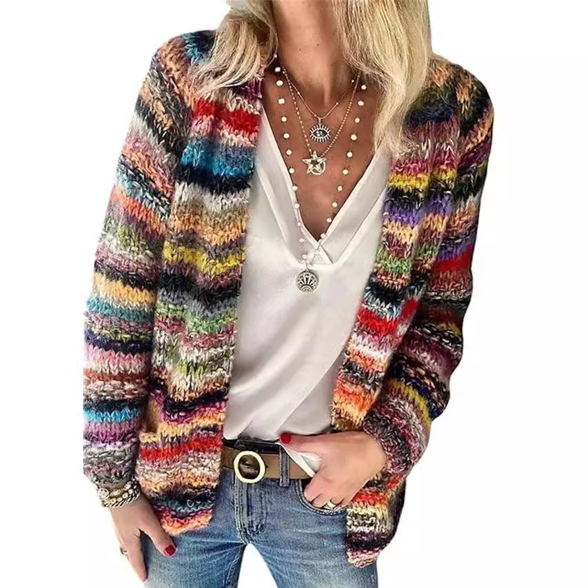 Damen Mehrfarbiger Strickcardigan mit offener Front, legerem Oversize-Schnitt und feinem Rippbündchen Nord Taschen
