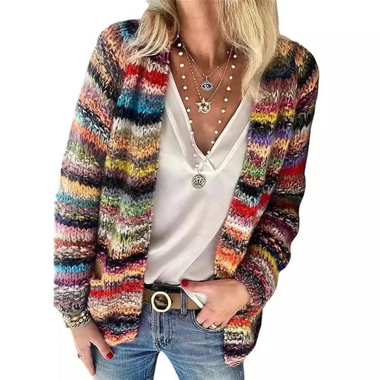 Damen Mehrfarbiger Strickcardigan mit offener Front, legerem Oversize-Schnitt und feinem Rippbündchen Nord Taschen