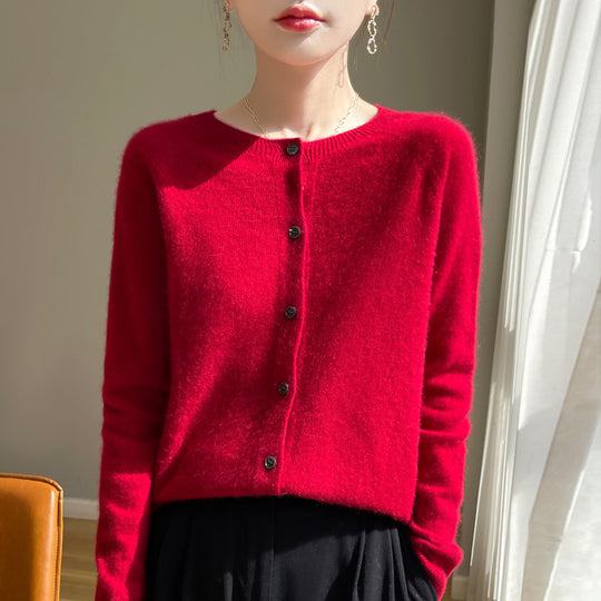 Damen Kurzgeschnittener Feinstrick-Cardigan mit Rundhalsausschnitt und schimmernder Knopfleiste Nord Taschen