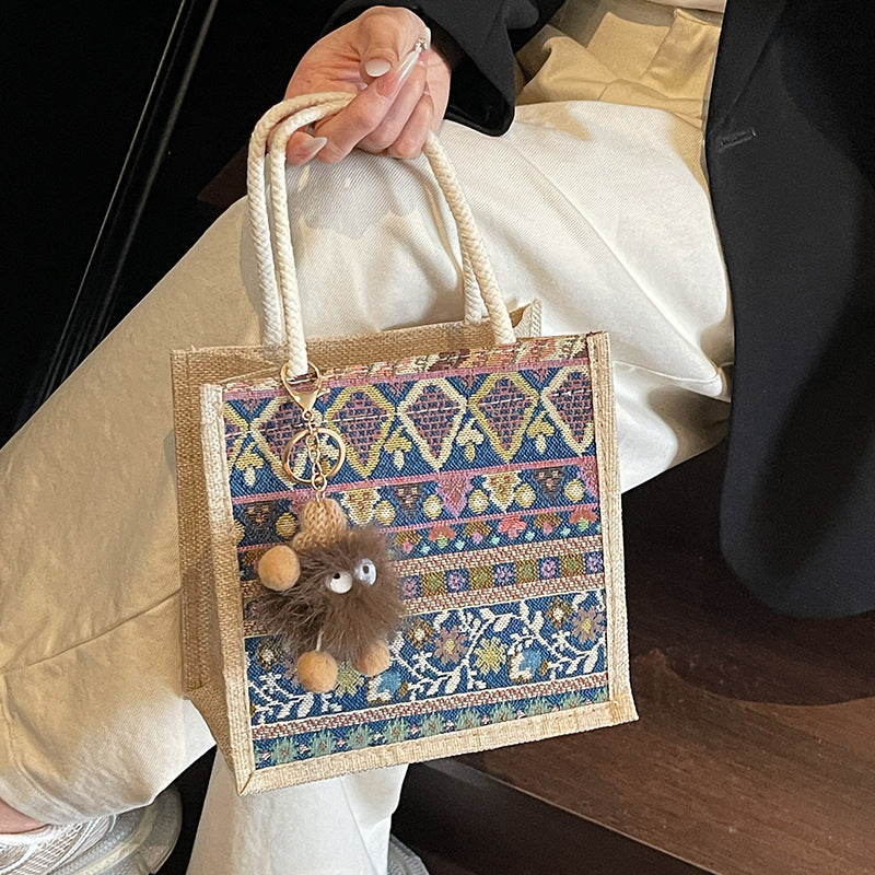 Damen Jute-Handtasche mit handgewebtem Ethnodruck Nord Taschen