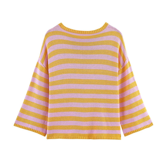 Damen Oversized Gestreifter Feinstrickpullover mit Rundhals und halblangen Ärmeln Nord Taschen