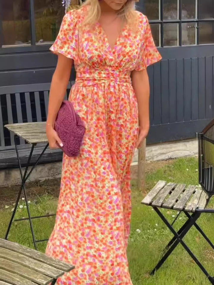 Damen Maxikleid mit floraler Raffung und V-Ausschnitt
