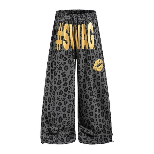 Damen Weite Palazzo-Sweathose im Leo-Muster mit hohem Komfortbund, Kordelzug und goldigem Statement-Print Nord Taschen