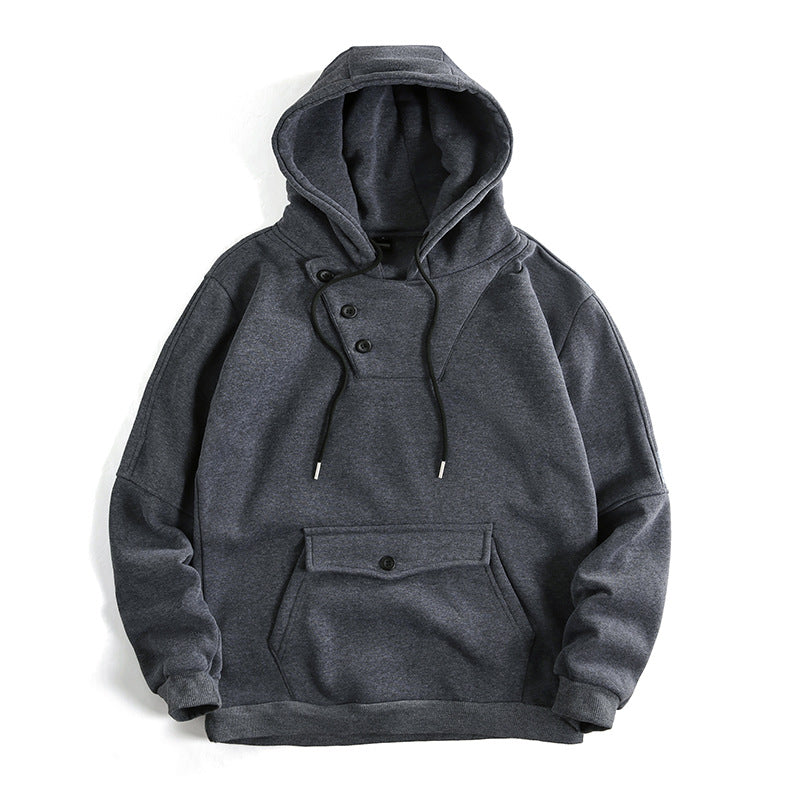 Herren Oversize Baumwoll-Fleece Kapuzenpullover mit asymmetrischer Knopfleiste und aufgesetzter Kängurutasche Nord Taschen