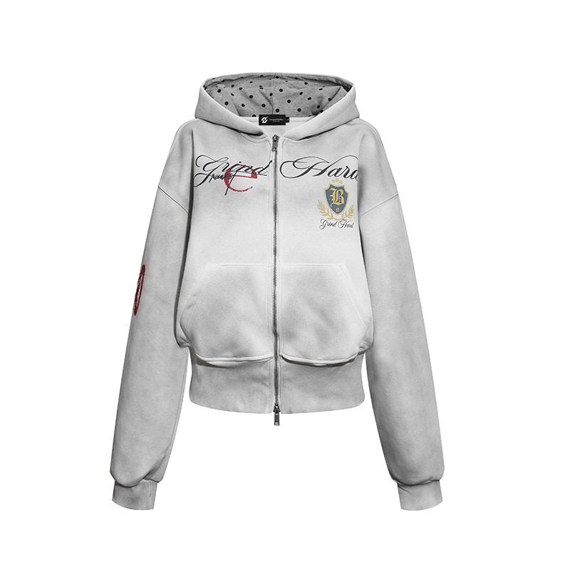 Damen Kurz geschnittene Zip-Hoodie aus French Terry mit gepunkteter Kapuzenfütterung und Wappen-Stick Nord Taschen