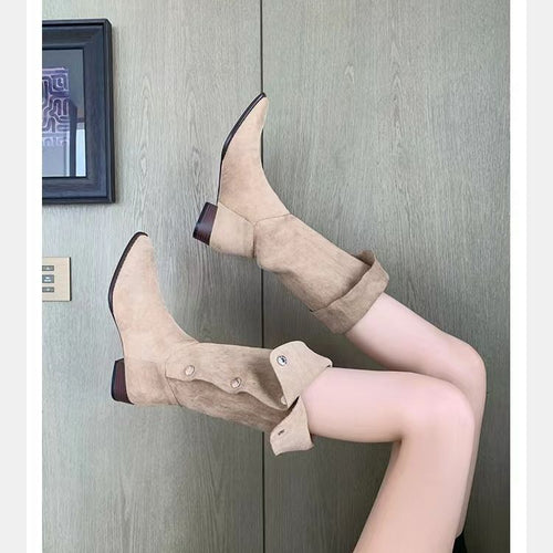 Damen Wadenhohe Velourslederstiefel mit umklappbarer Manschette und spitzer Kappe Nord Taschen