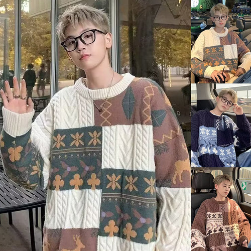 Damen Gemusterter Oversized Pullover mit Stehkragen Nord Taschen