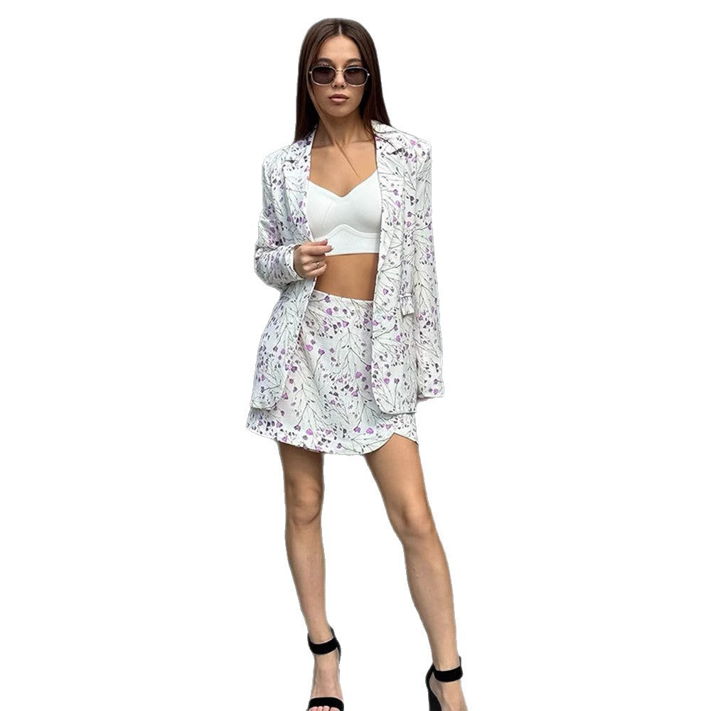 Damen Florales Blazer- und Minirock-Set aus strukturierter Baumwollmischung Nord Taschen