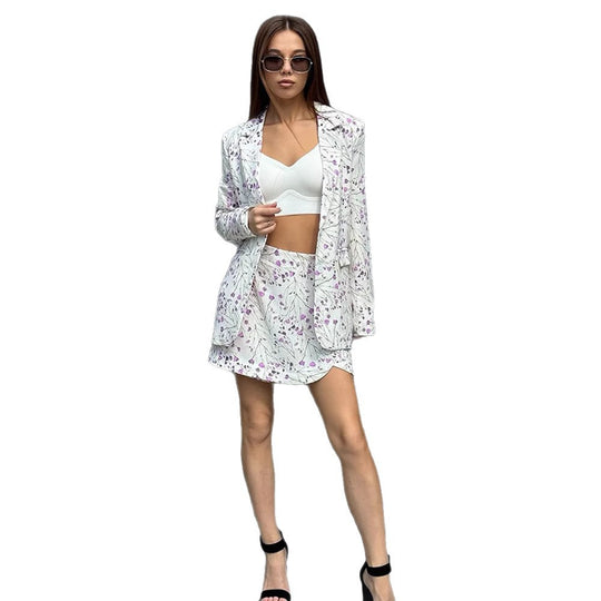 Damen Florales Blazer- und Minirock-Set aus strukturierter Baumwollmischung Nord Taschen
