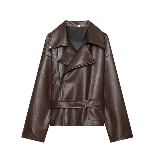 Damen Oversized Bikerjacke aus Kunstleder mit taillierendem Gürtel und asymmetrischem Reißverschluss Nord Taschen