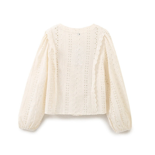 Damen Broderie Anglaise Baumwollbluse mit Rüschenbesatz und Ballonärmeln Nord Taschen