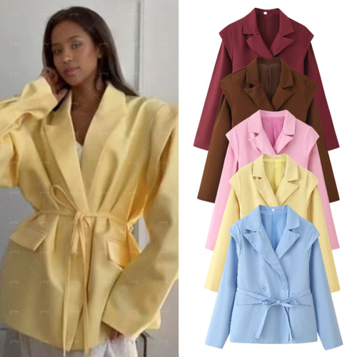 Damen Taillierter Bindegürtel-Blazer mit doppelter Knopfleiste und Reverskragen Nord Taschen