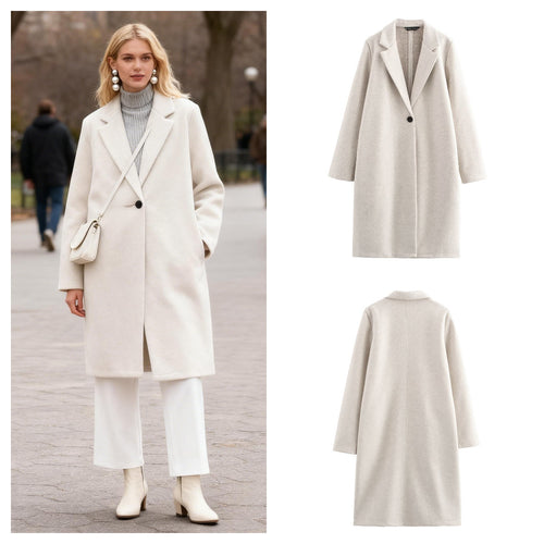 Damen Puristischer Longline-Mantel mit Reverskragen, Ein-Knopf‑Verschluss und weichem Filzfinish Nord Taschen