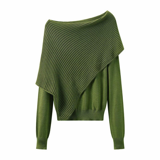 Damen Asymmetrischer schulterfreier Strickpullover mit Poncho‑Einsatz Nord Taschen