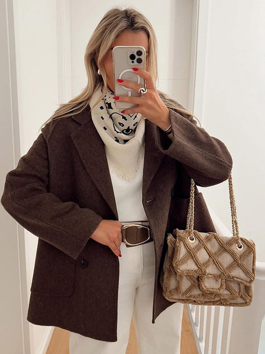 Damen Boxy-Wollmix-Cocoon-Jacke mit doppelreihiger Knopfleiste und weitem Revers Nord Taschen